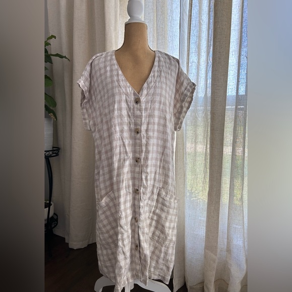 LOFT Lou & Grey 100% Linen gingham checkered tan white mini house boho dress XL - Picture 7 of 9